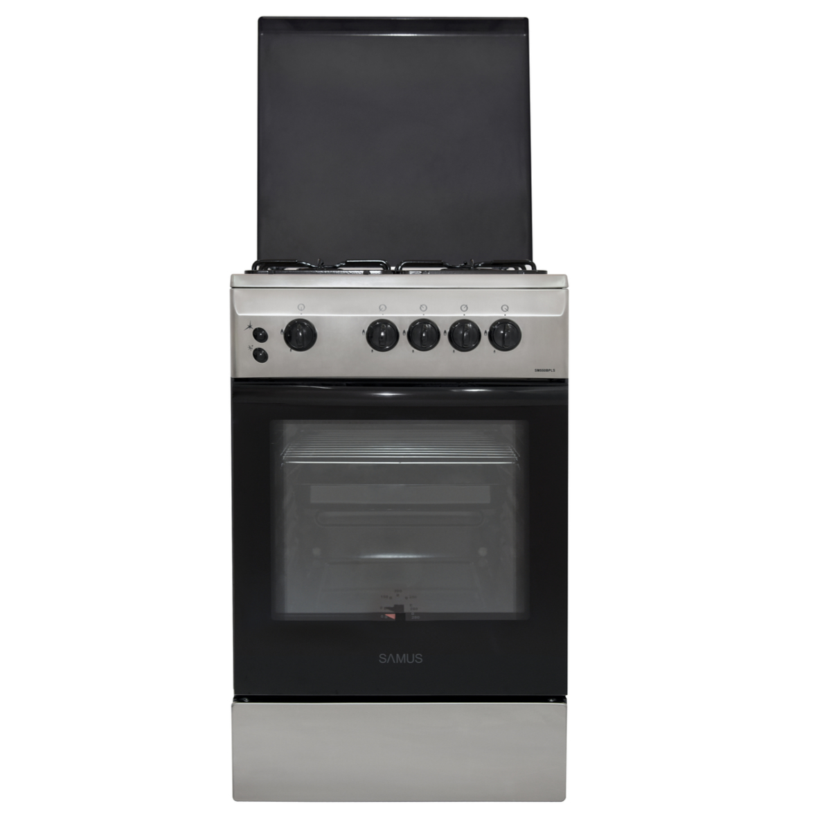 Aragaz Samus SM 550 BPLS, Gaz, 4 arzatoare, Aprindere electrica, Siguranţă plită + cuptor, 52 L, Sertar inferior vase, Capac metal, 50x54 cm, Inox/Argintiu